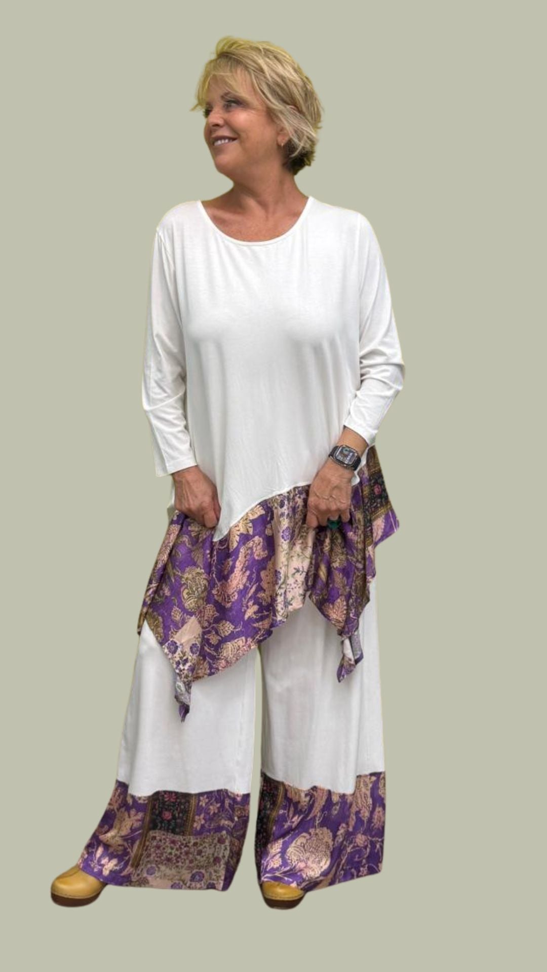 Completo in viscosa con dettagli patchwork in fantasia BIANCO