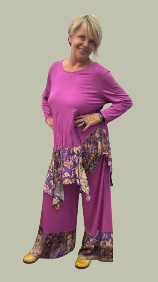 Completo in viscosa con dettagli in fantasia patchwork