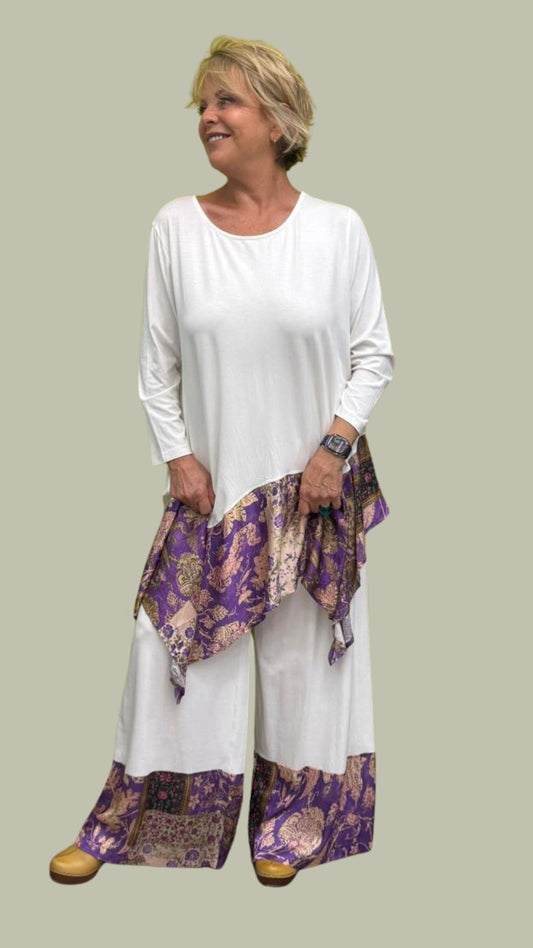 Completo in viscosa con dettagli patchwork in fantasia BIANCO