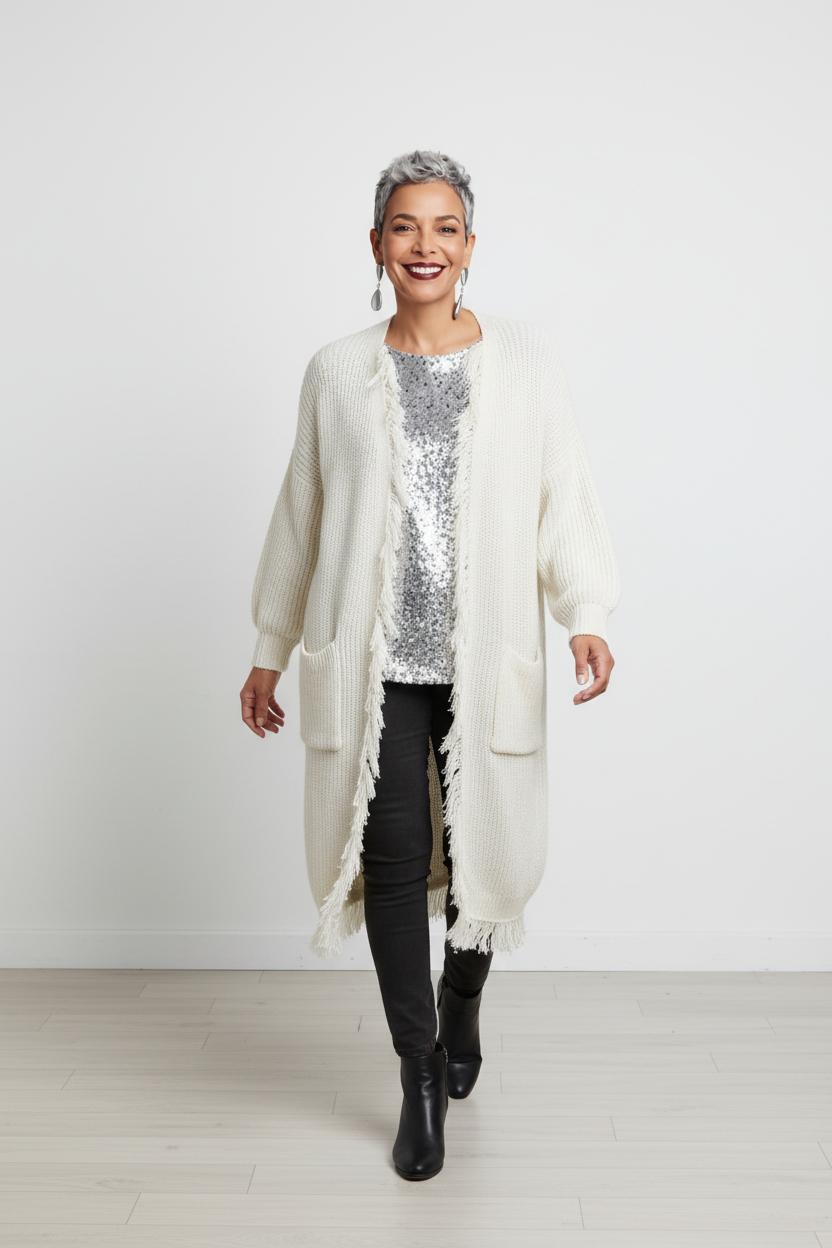 Cardigan lungo con frange e fili lurex