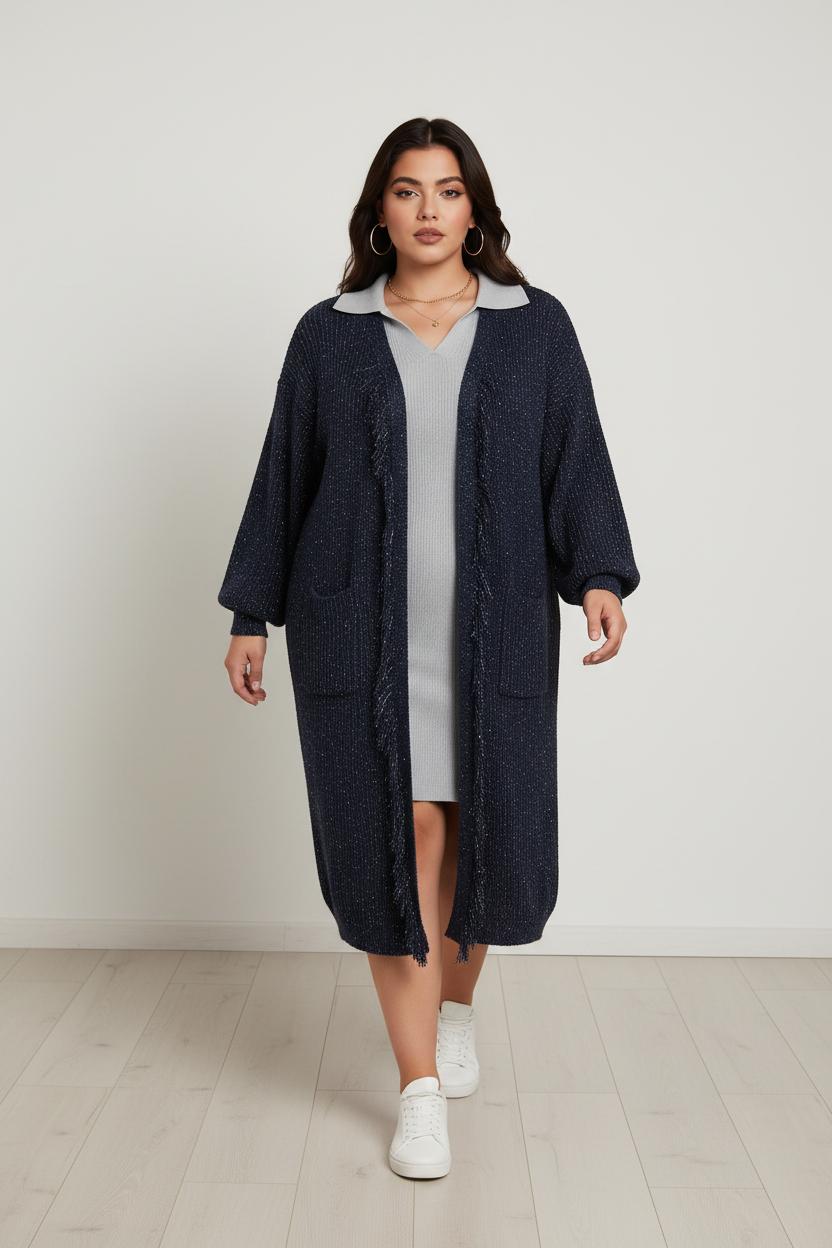 Cardigan lungo con frange e fili lurex
