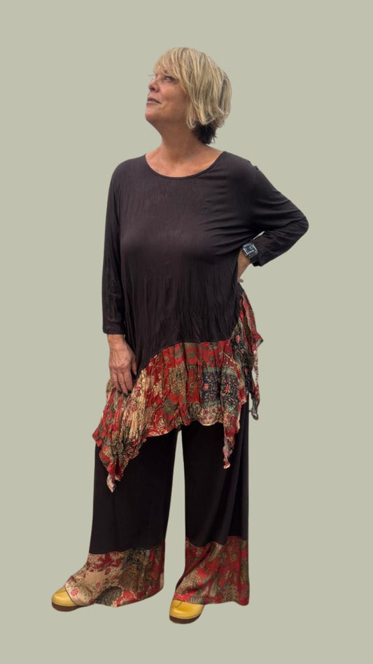 Completo in viscosa con dettagli patchwork MARRONE