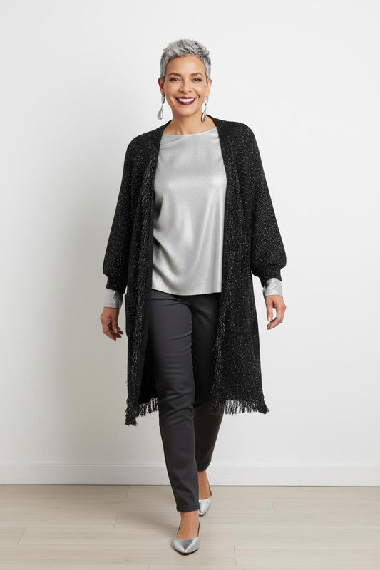 Cardigan lungo con frange e fili lurex