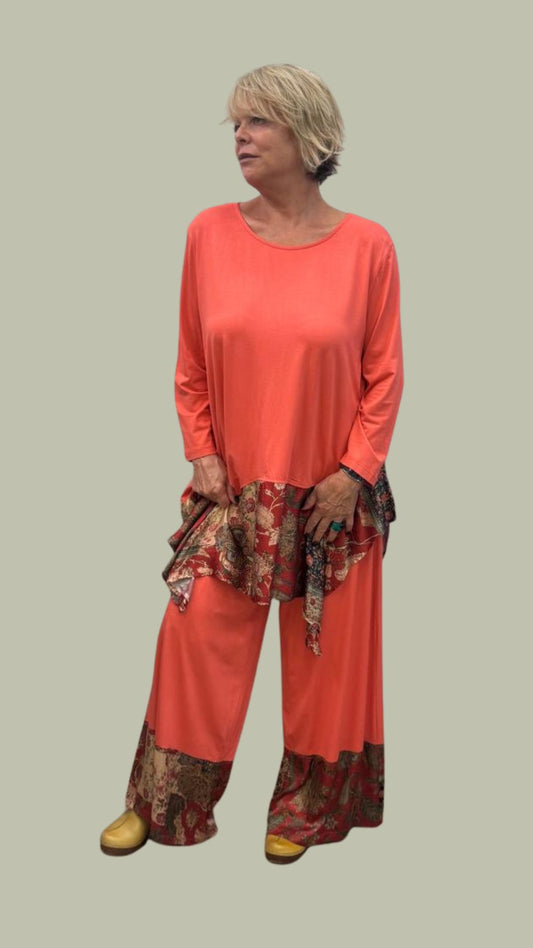 Completo in viscosa con dettagli in fantasia patchwork SALMONE