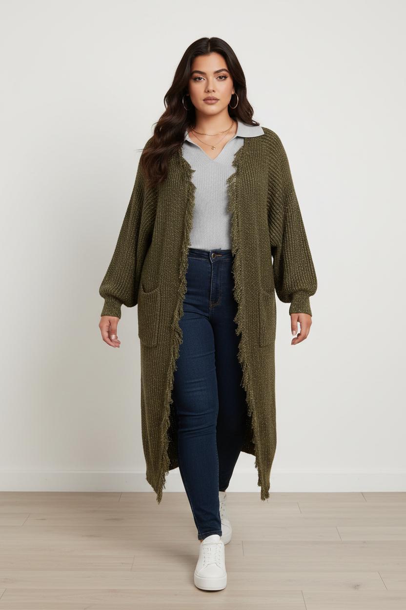Cardigan lungo con frange e fili lurex