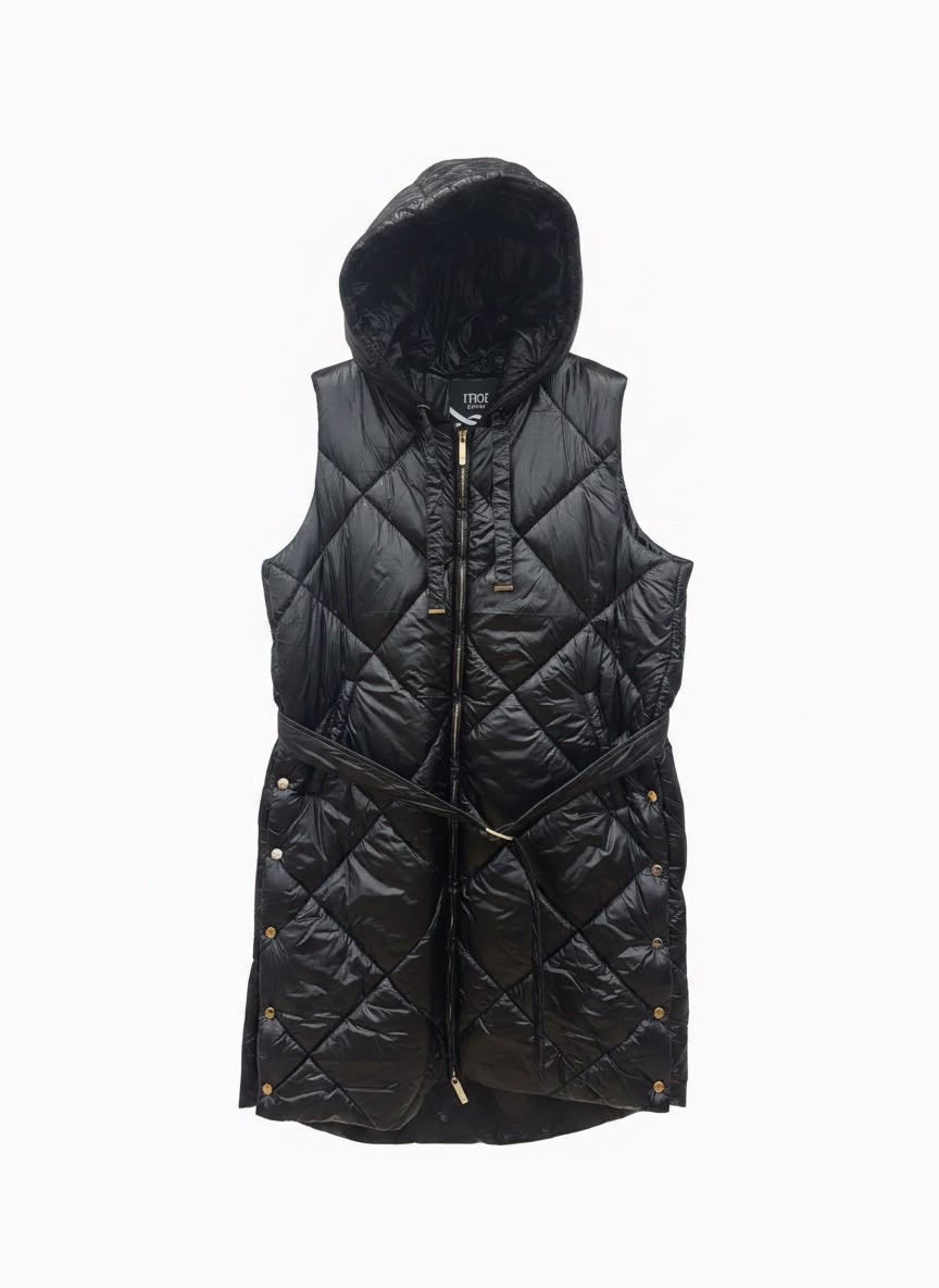 Gilet lungo con cinta e cappuccio