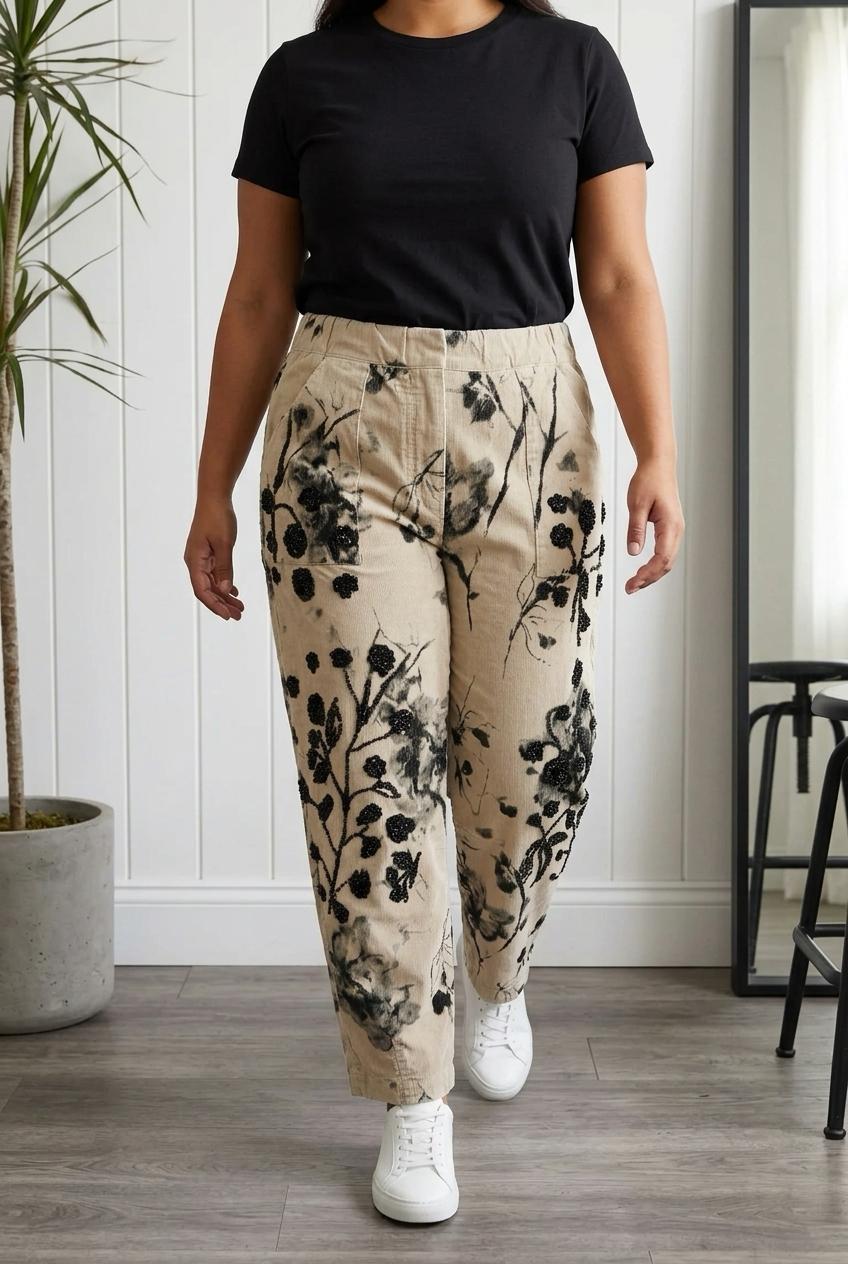 Pantalone fantasia ricamato a mano