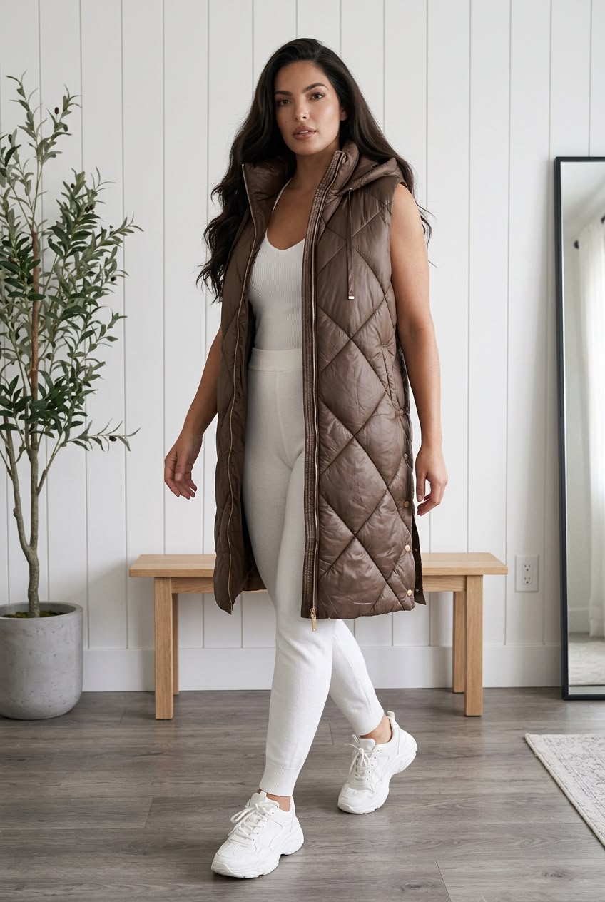 Gilet lungo con cinta e cappuccio
