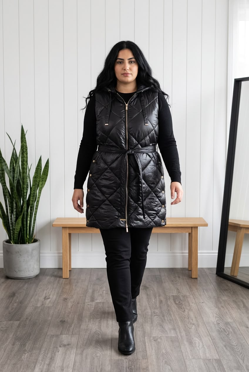 Gilet lungo con cinta e cappuccio